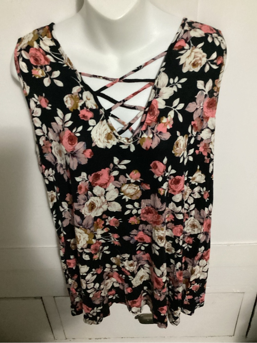 Floral Crisscross V-Neck Tank Top - Black with Pink & Cream Flowers size 1X